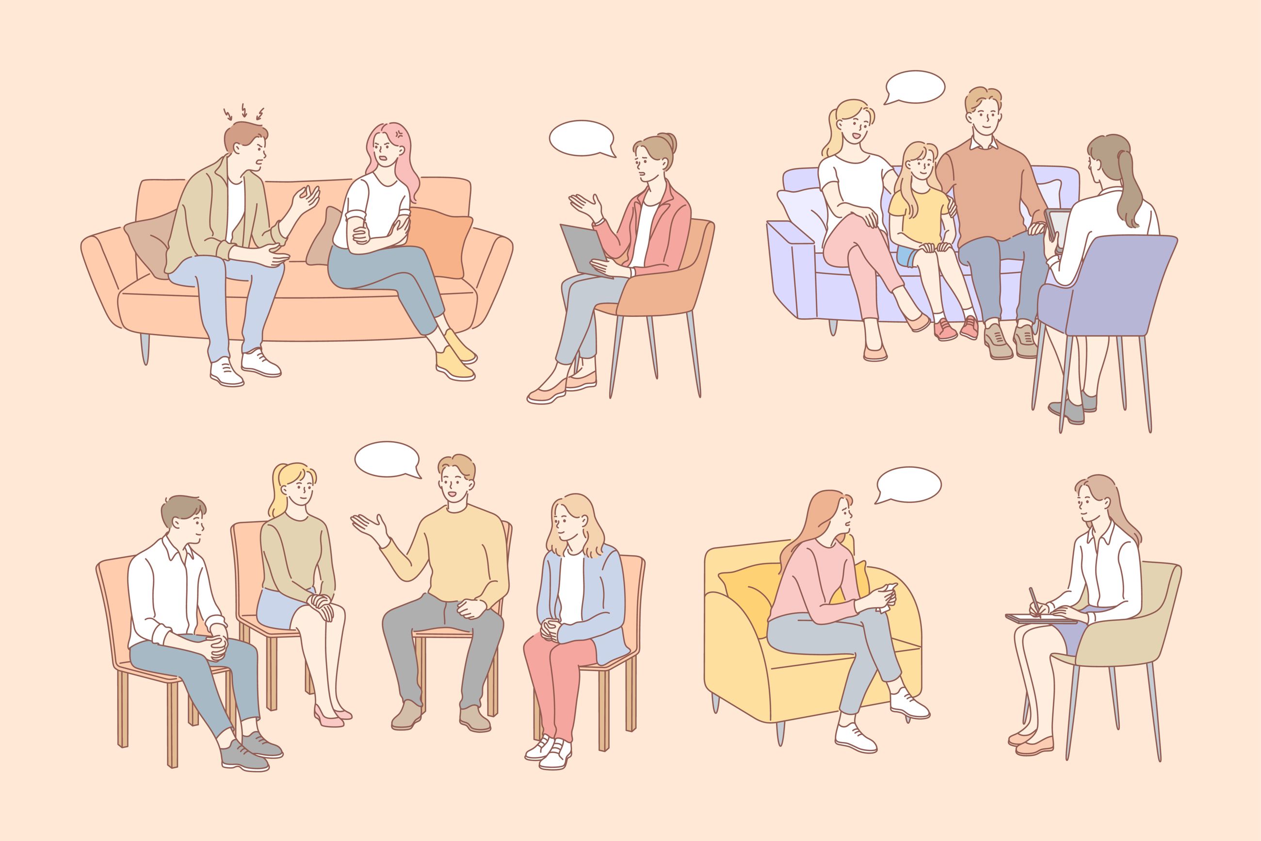 tegning af forskellige samtalesituationer