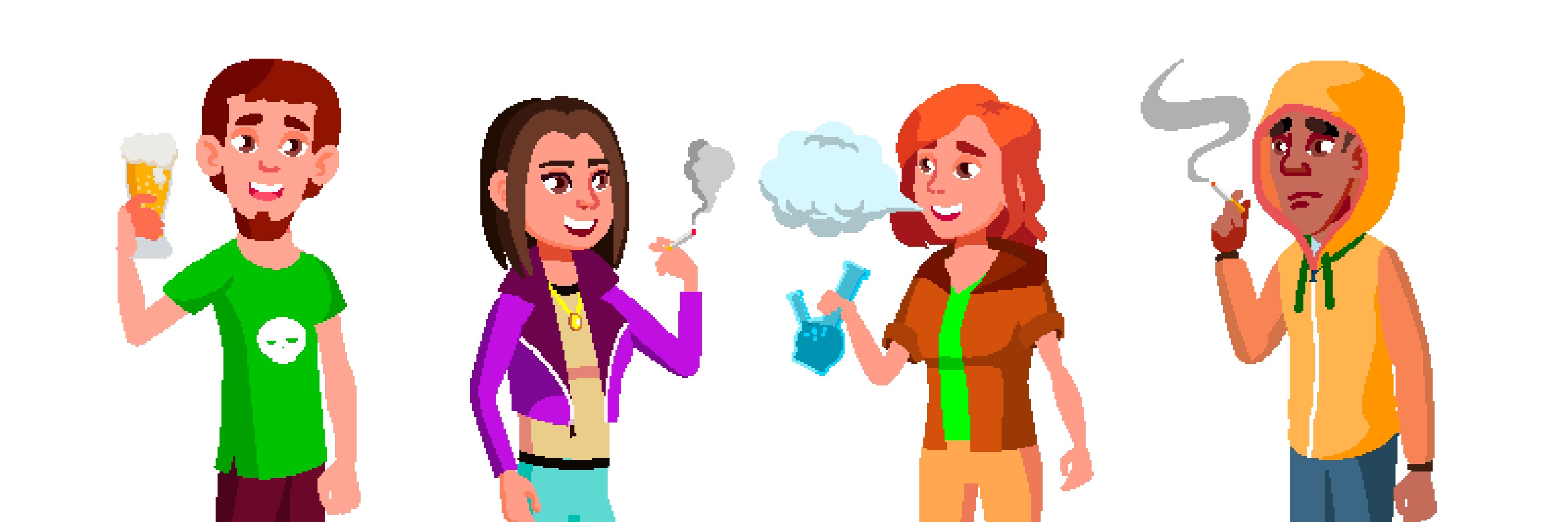 tegning af unge, der ryger hash og drikker øl