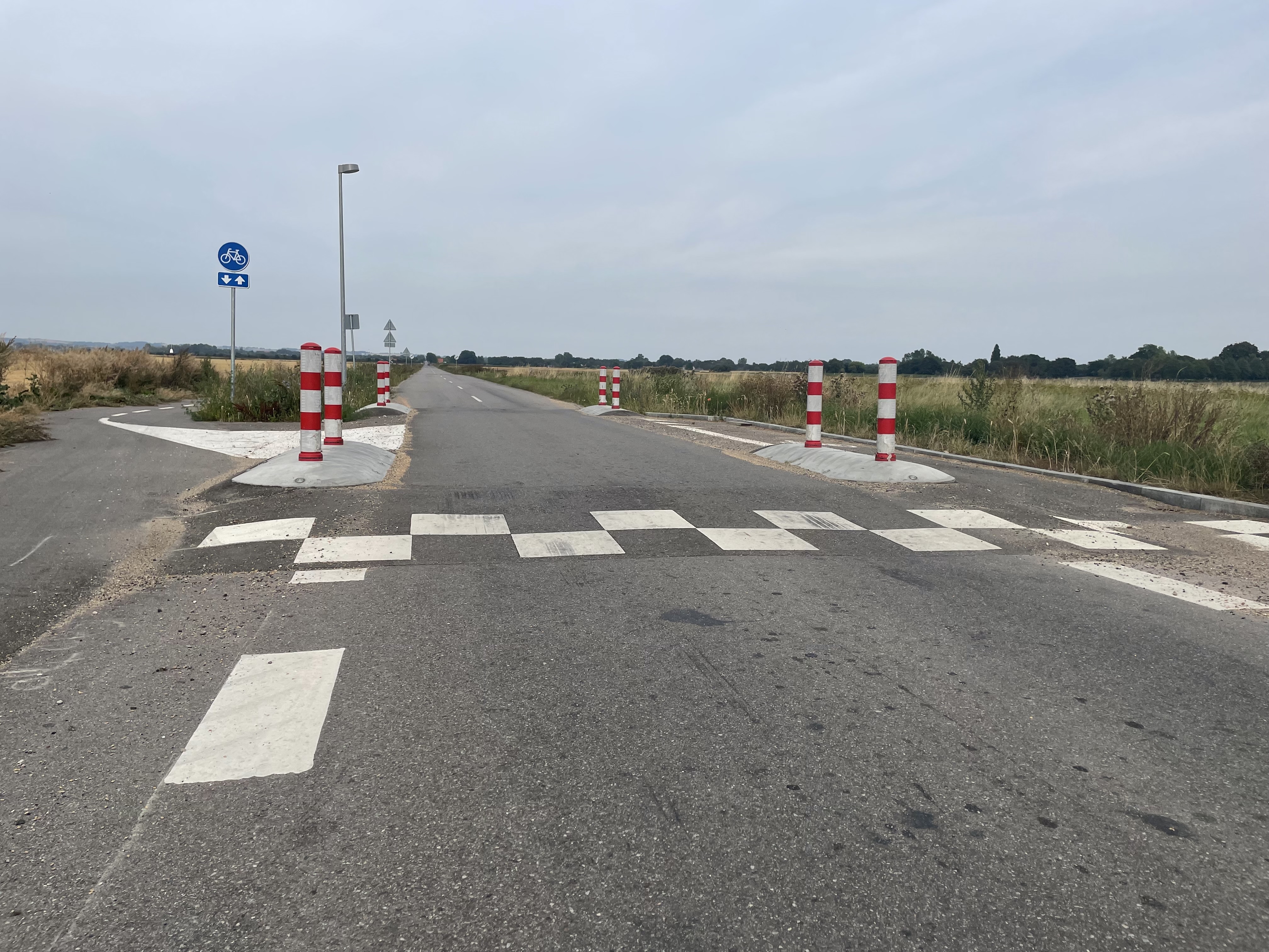 Vejbump med rød/hvide chikaner ude i åbent land