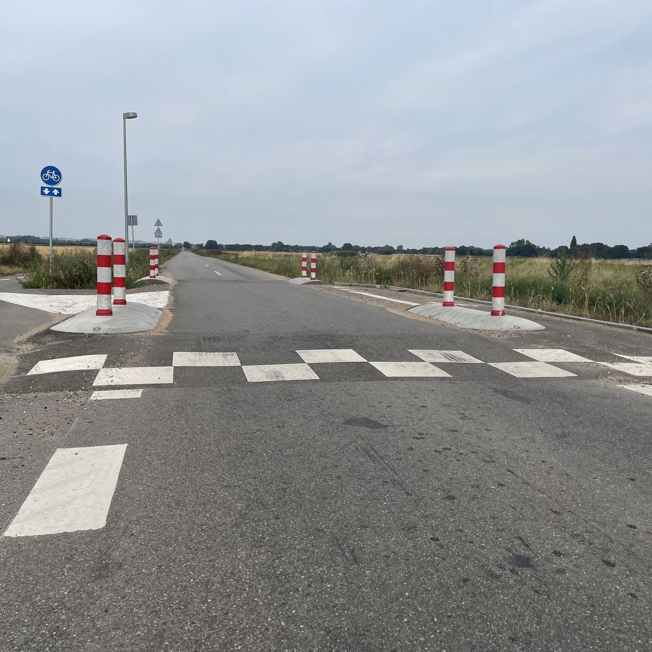 Vejbump med rød/hvide chikaner ude i åbent land