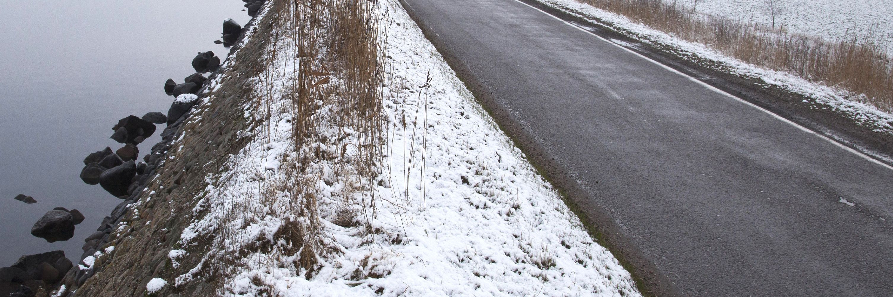 Vej på Sidingedæmningen - det er frostvejr, let diset og der ligger sne på mark og i rabat