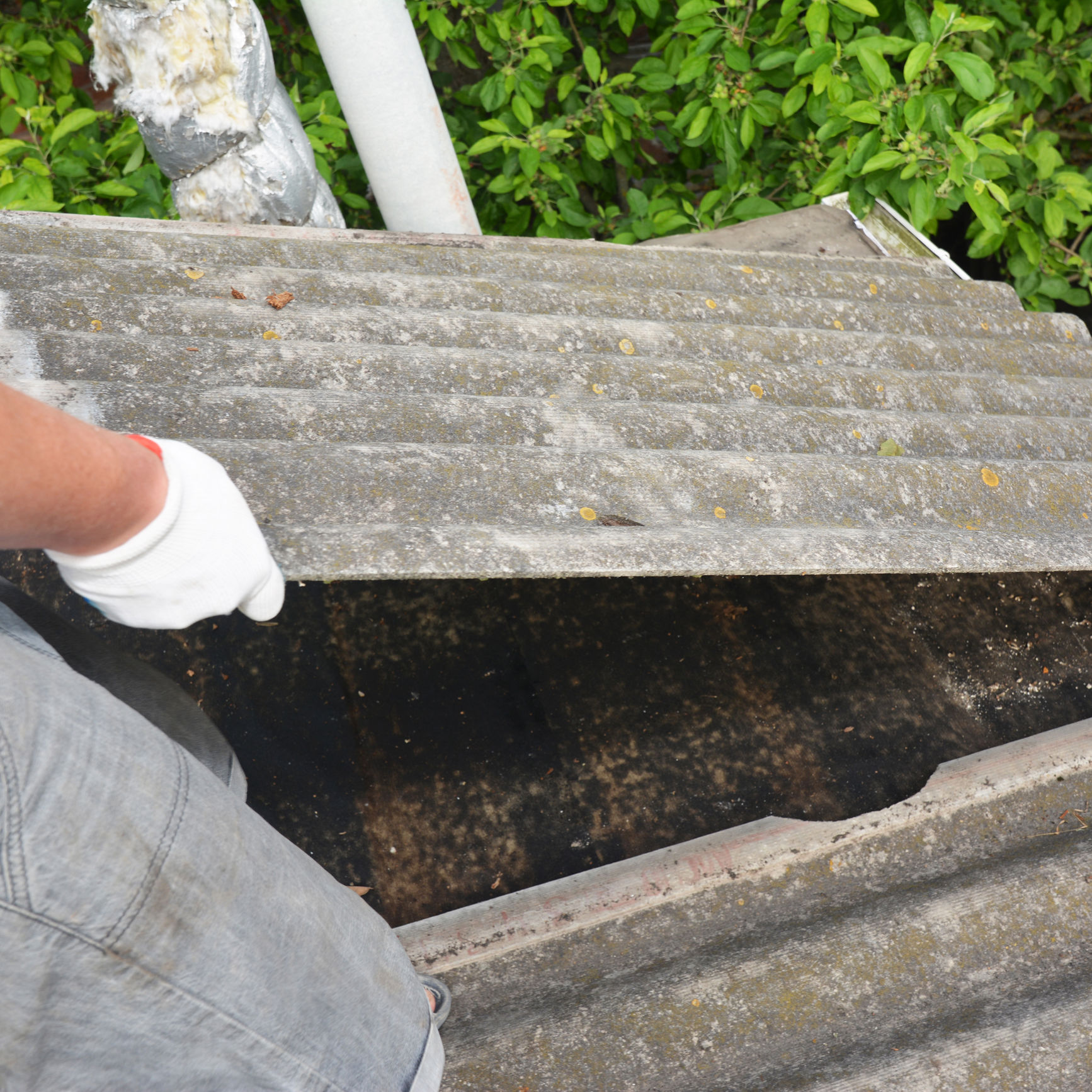 En person fjerner asbestplader på et tag.