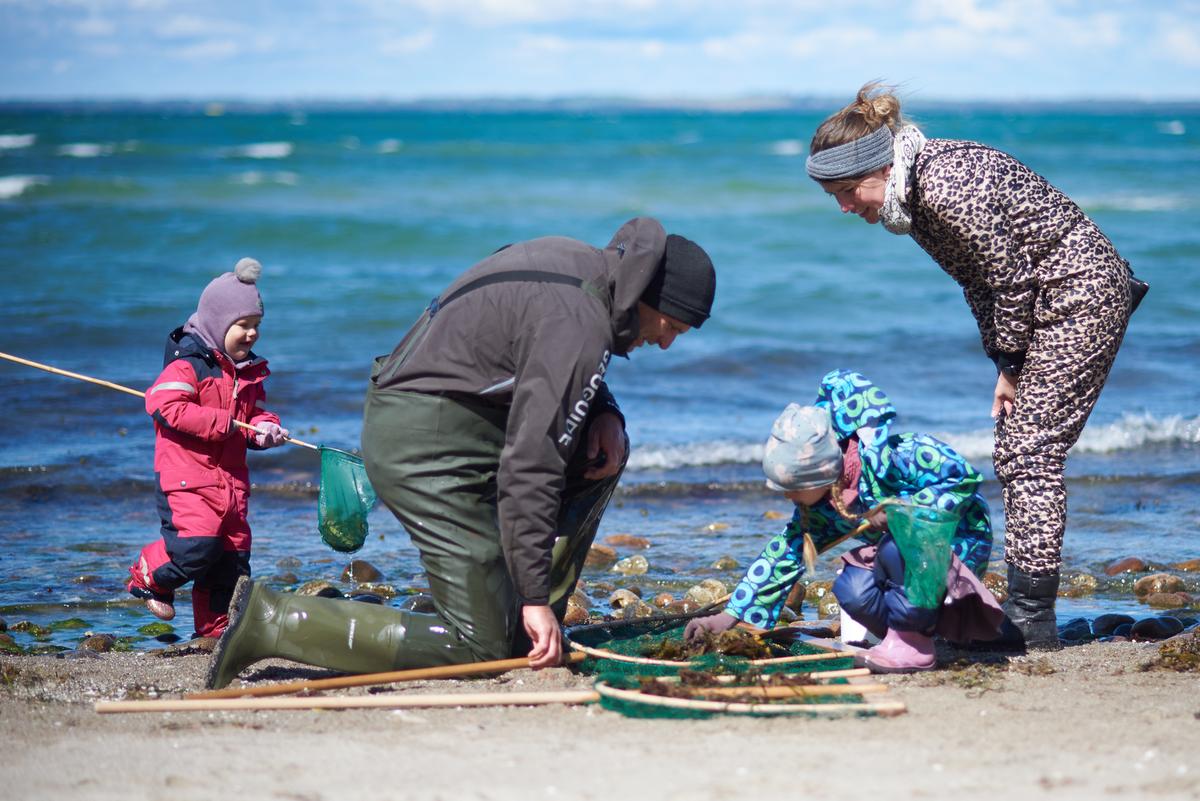 Familie på strandtur med fiskenet