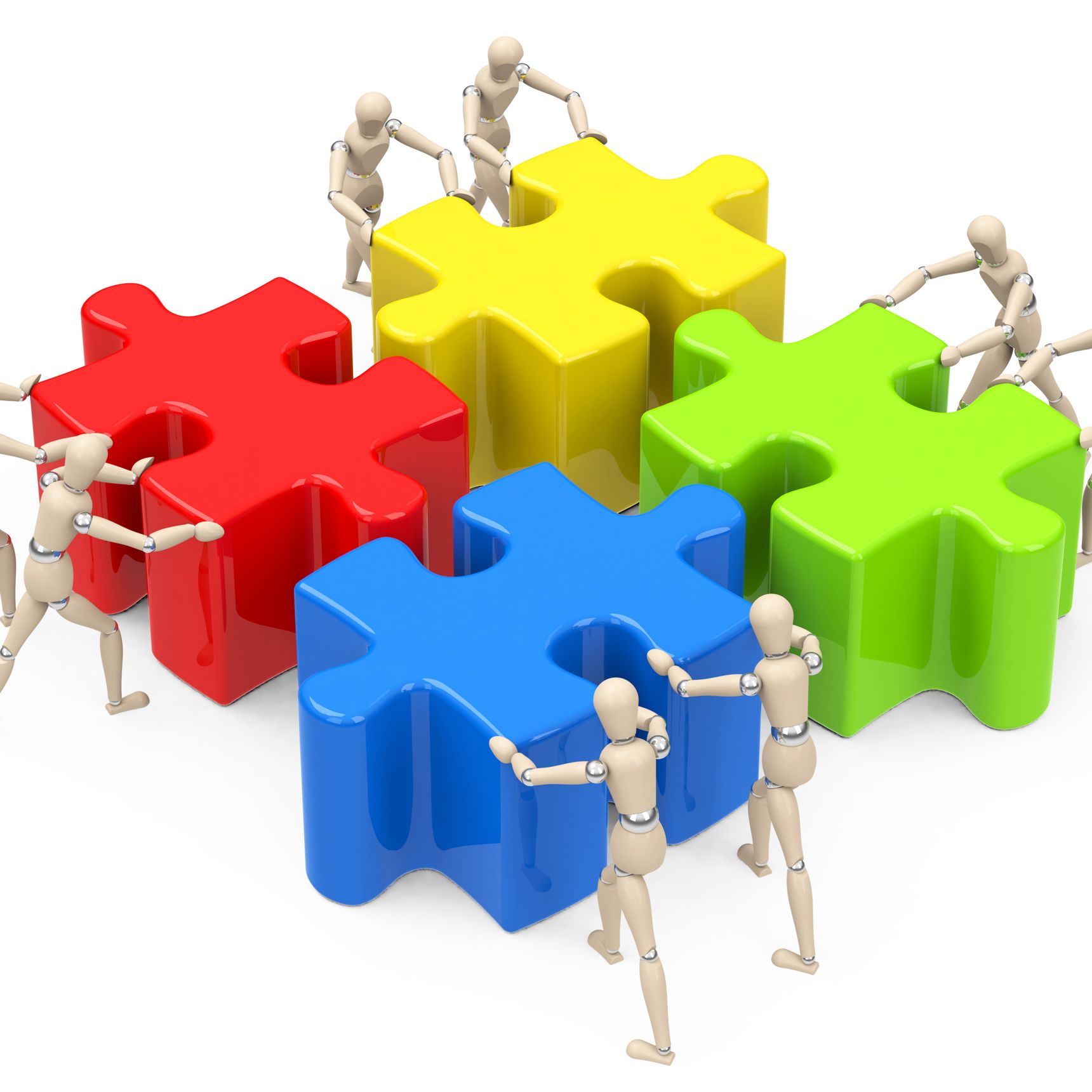 Figurer skubber puslespilsbrikker sammen