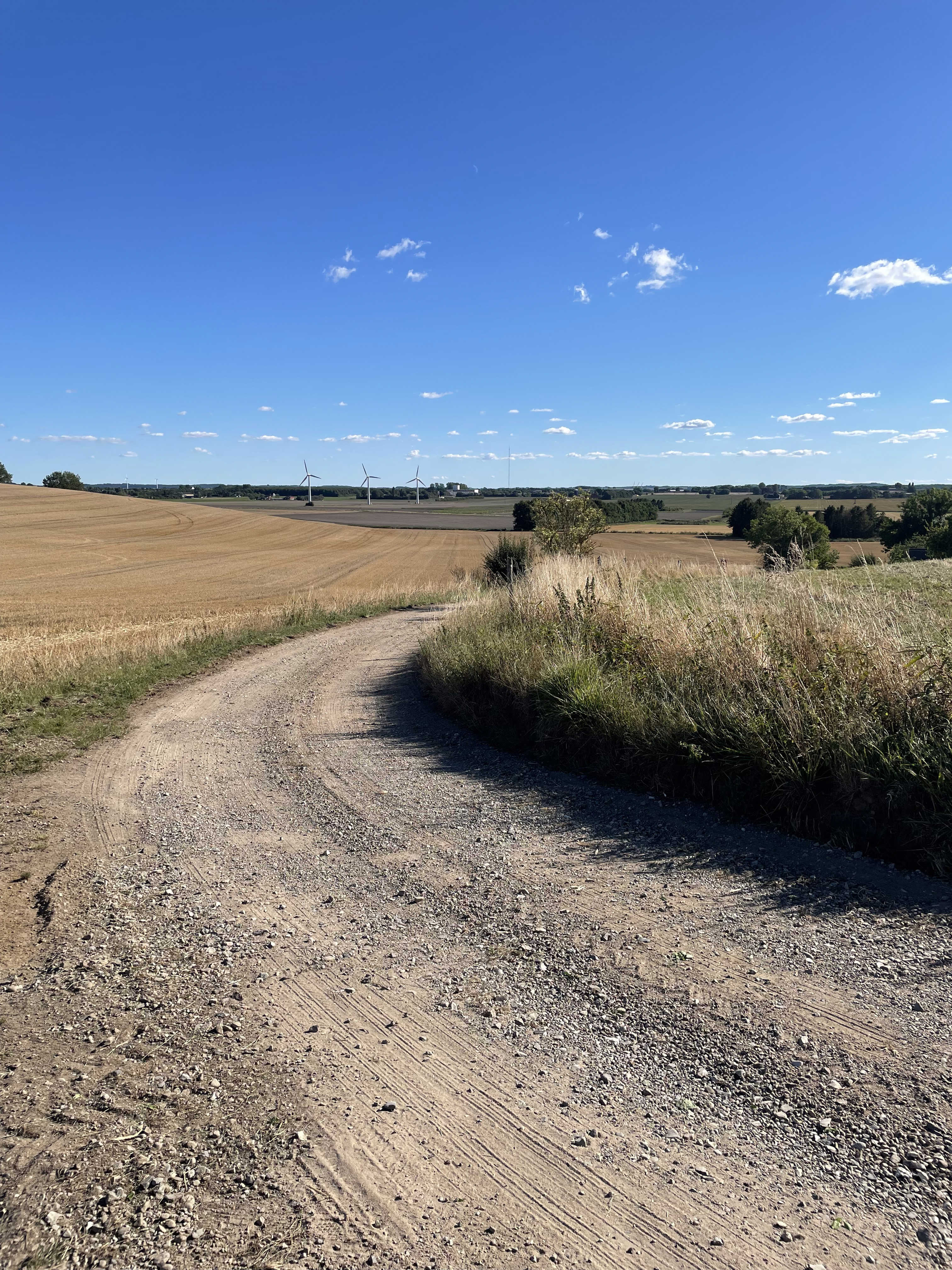 Grusvej der slynger sig i landskabet - marken er høstet, himlen er blå og der er vindmøller i baggrunden