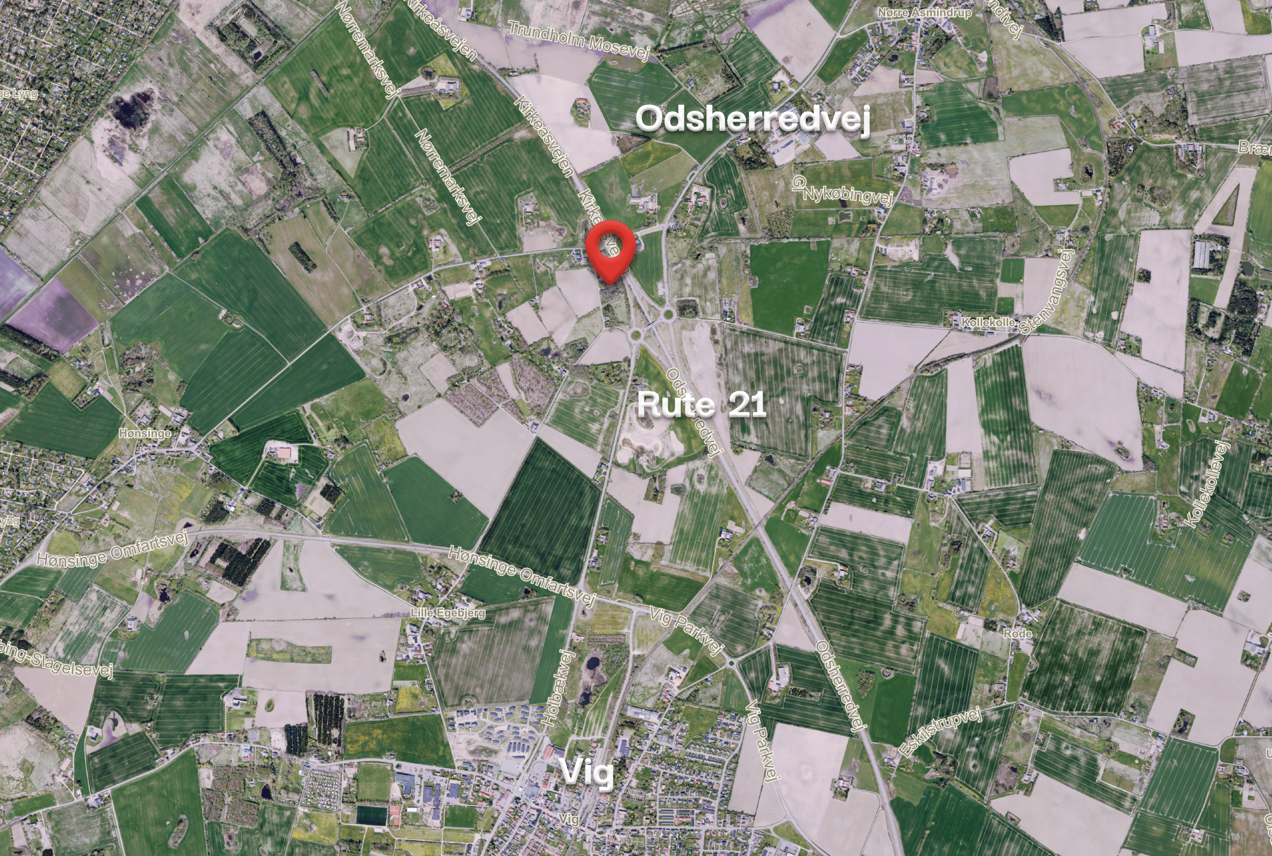 Nørremarksvej, Rute 21, Odsherredvej og Vig set fra luften