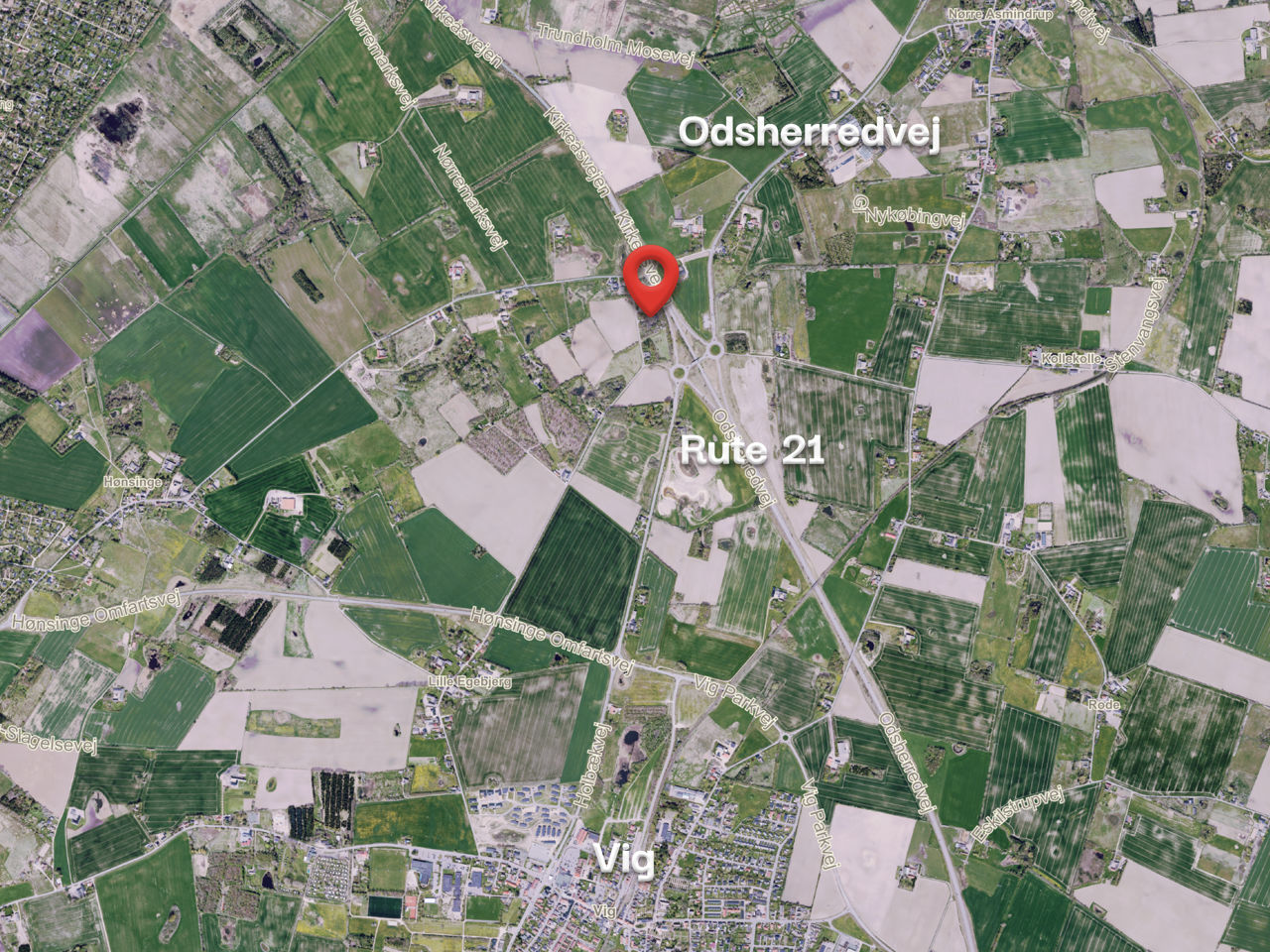 Nørremarksvej, Rute 21, Odsherredvej og Vig set fra luften