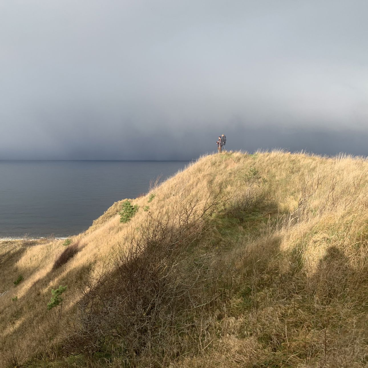 To mennesker på tommen af Klintebjerg på en solrig dag med havet baggrunden
