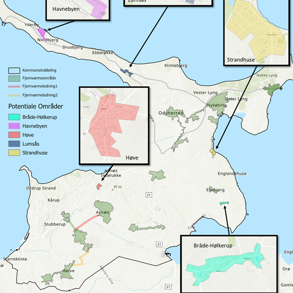 Fjernvarme potentialeområder med forstørrelser