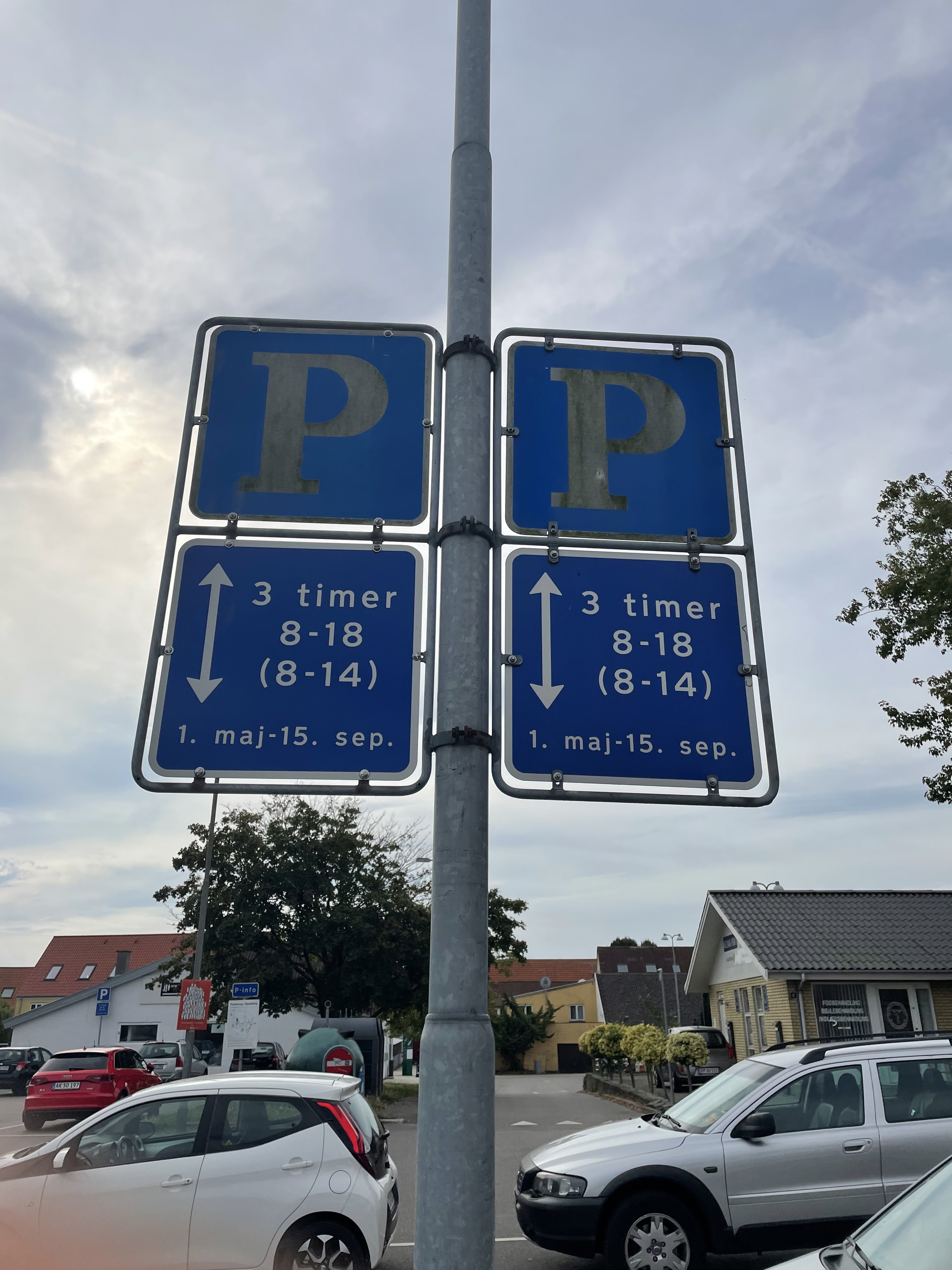 Høj stander med blå parkeringstavler på travl parkeringsplads i Nykøbing Sjælland